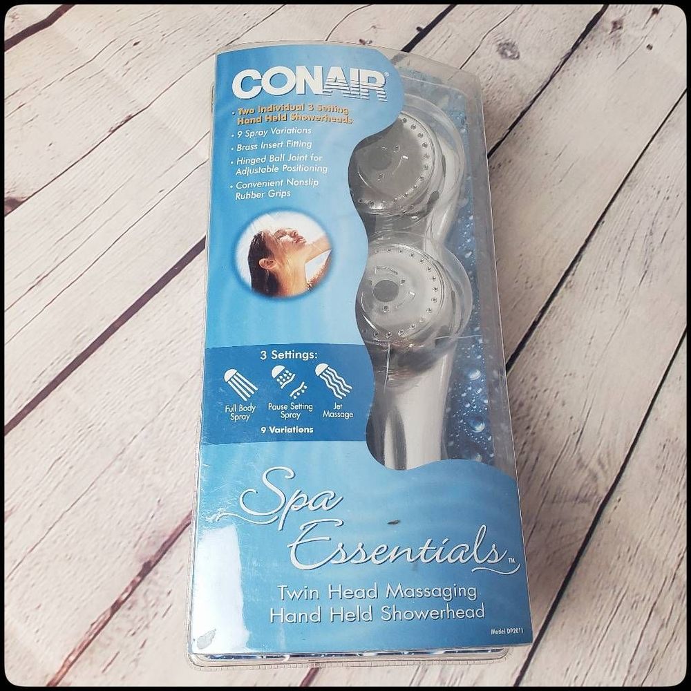 NIB CONAIR Spa Essentials Twin Head 9 Variations Massaging Hand Held Showerhead